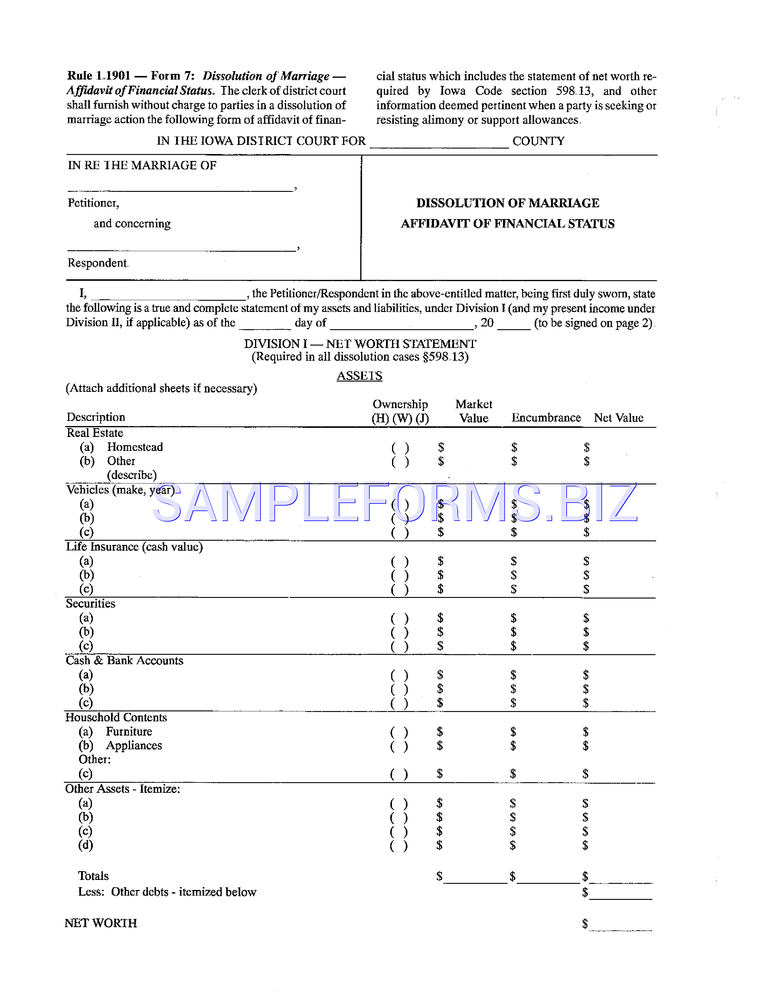 Preview free downloadable Iowa Affidavit of Financial Status Form in PDF (page 1)